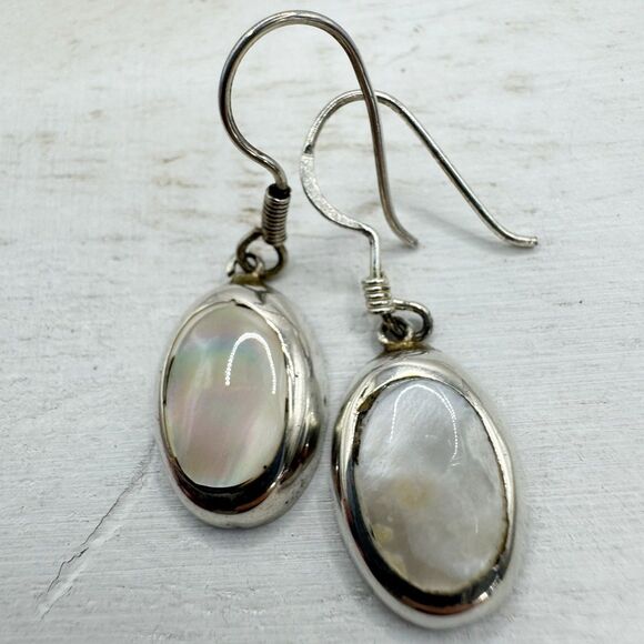Vintage Mexican Sterling Silver Oval Mother Of Pearl Inlay Dangle Drop Earrings - Picture 1 of 14